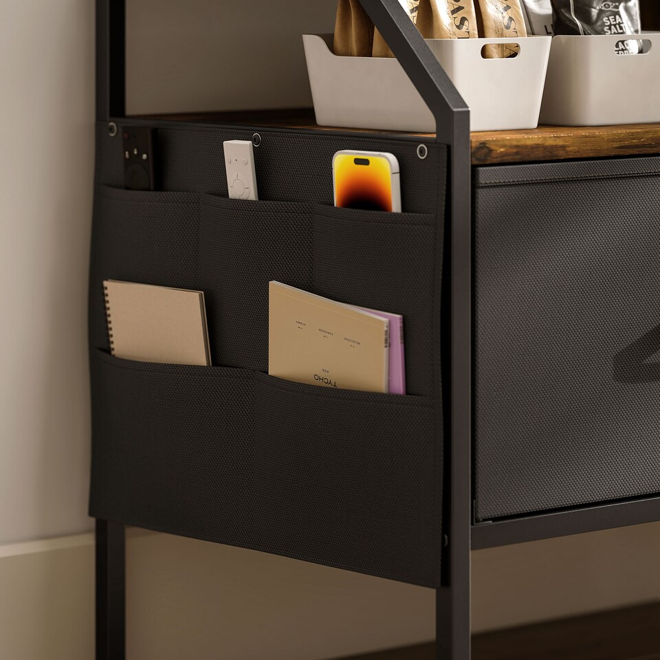 image 1 of HOMCOM TV Stand Cabinet, TV Unit for 55-inch TVs with 2 Foldable Fabric Drawers, 5 Divided Side Pockets, Open Shelves, Console Table for Living Room, Bedroom, Entertainment Room, Rustic Brown | Brown