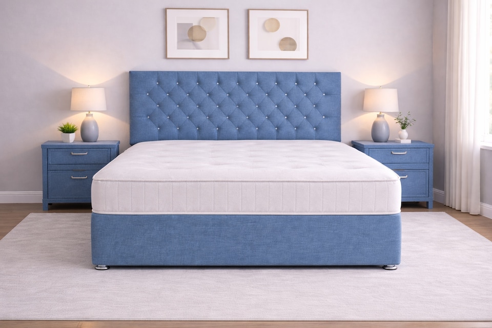 image 1 of Small double blue linen 4ft divan bed set mattress and headboard  2 Drawers Same Side