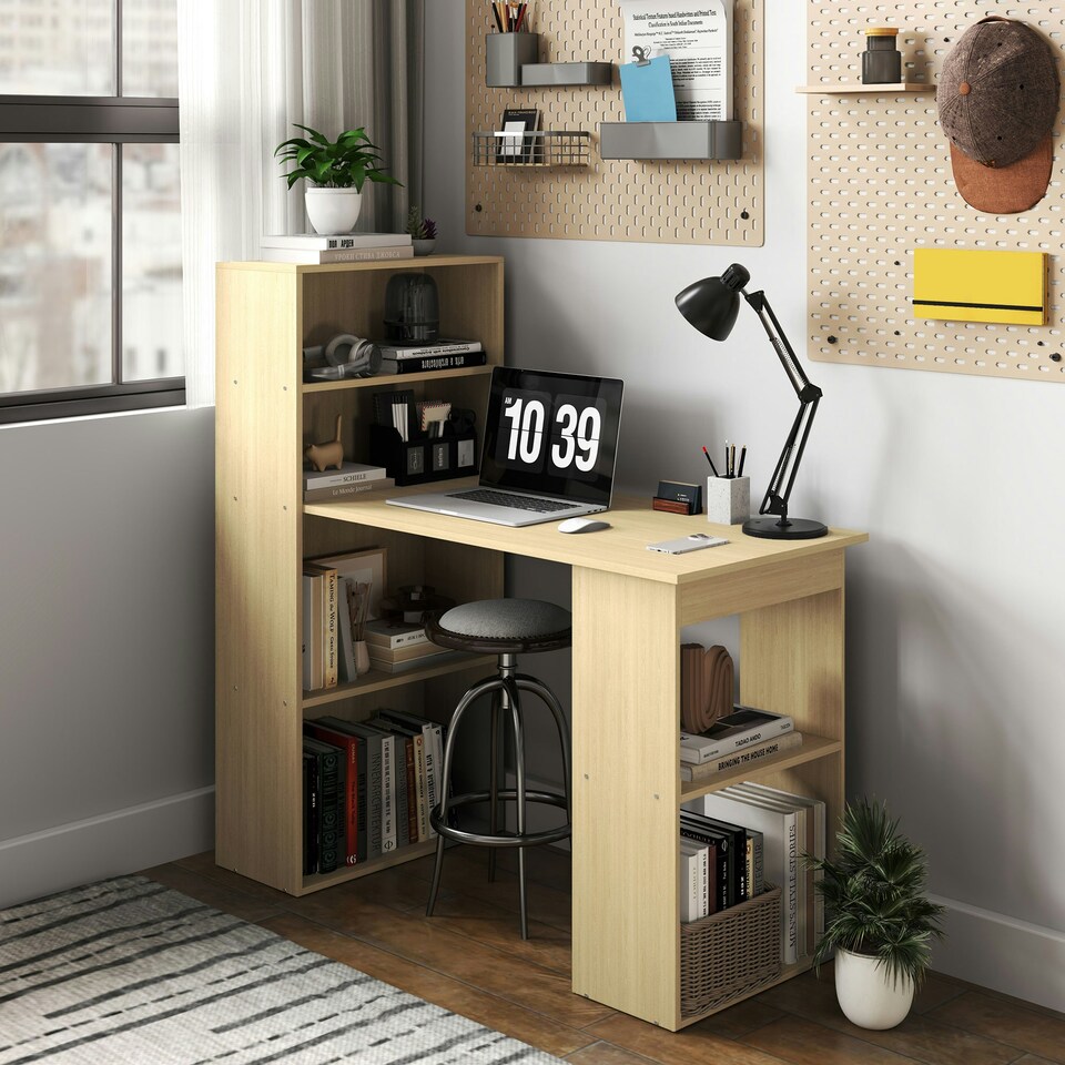 image 1 of HOMCOM 120cm Computer Desk Bookshelf Writing Table 6 Shelves Natural | Brown | 120L x 55D x 120H cm