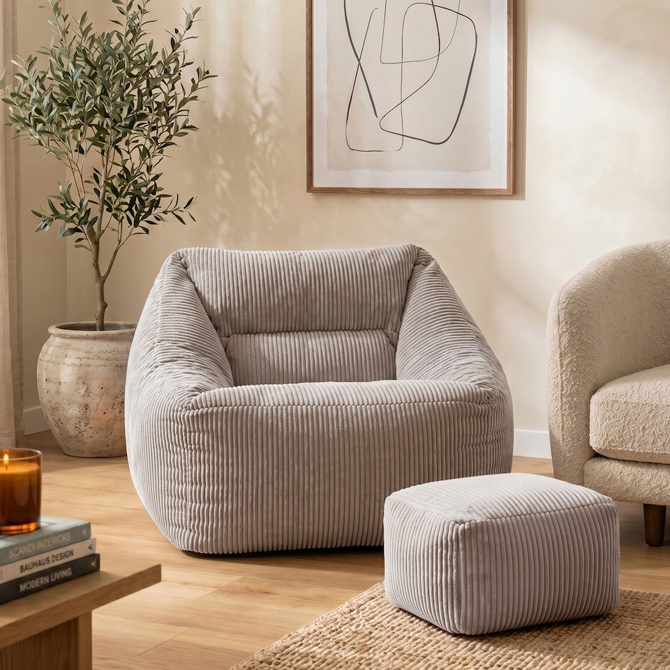 image 1 of Natalia Large Beanbag and Pouffe Set Corduroy Light Grey | Grey | Grey | XL | 2