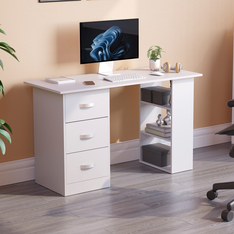image 1 of Vida Designs Mason 3 Drawer 3 Shelf Computer Desk Home Office Workstation, White