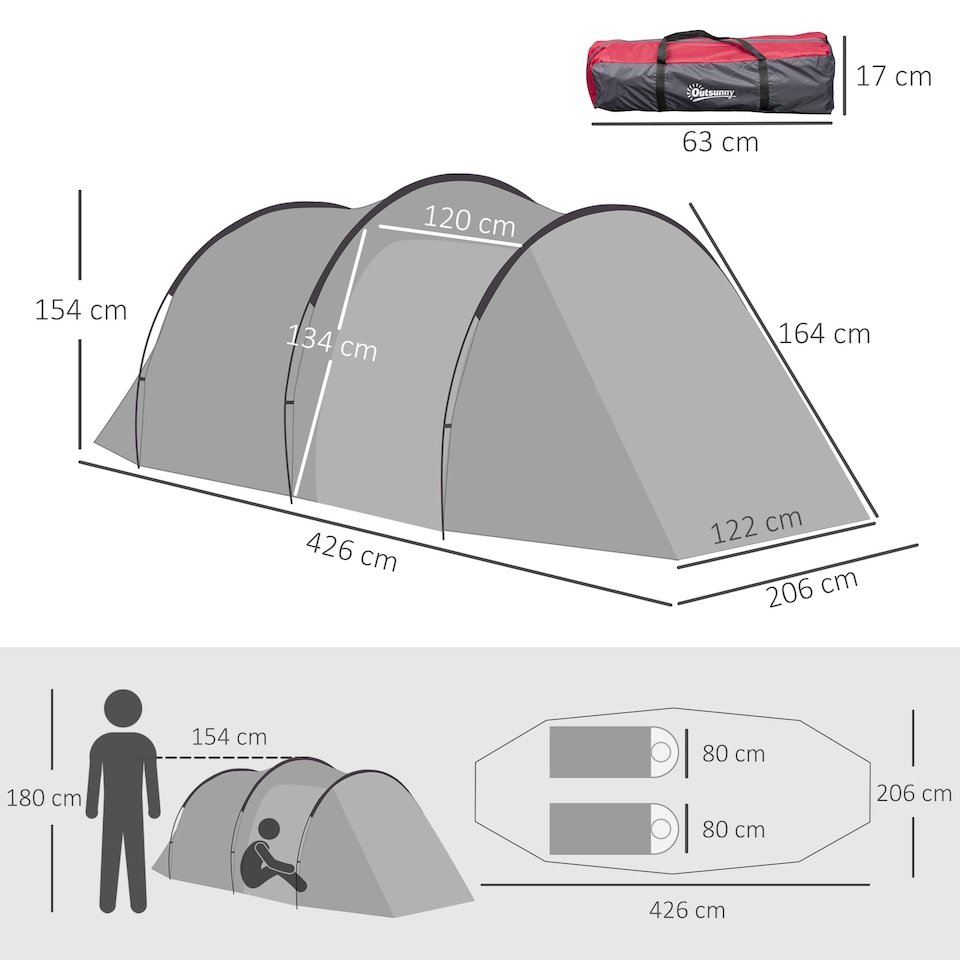 image 1 of Outsunny 3 Man Camping Tent with 2 Rooms Porch Vents Rainfly Weather-Resistant