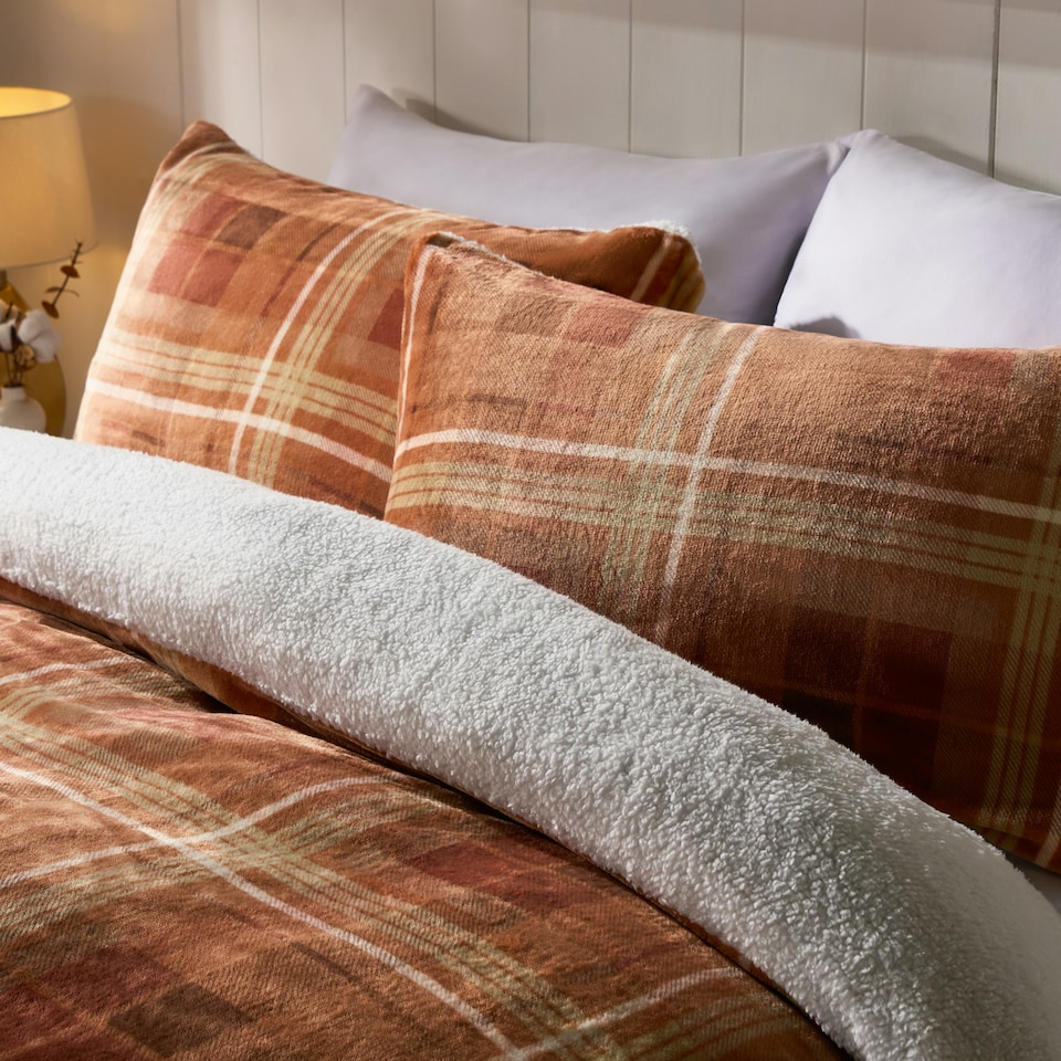 image 1 of OHS Autumnal Check Print Soft Cosy Warm Plush Fleece Duvet Cover and Pillowcase Bedding Set Orange | Rust | Super King