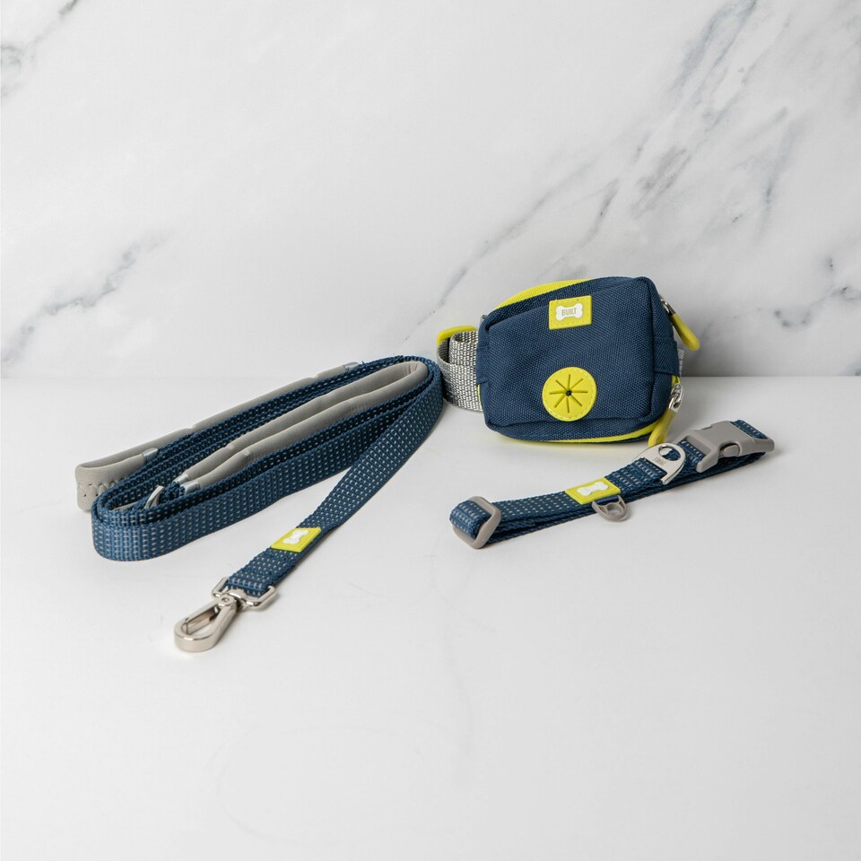 image 1 of 3pc Blue Dog Walking Set with Walk Bag, Medium Reflective Collar & Medium Double-Handled Reflective Lead