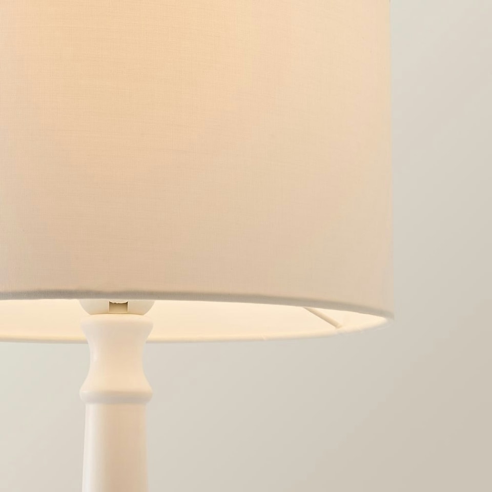 image 1 of ValueLights Victoria White Wood Traditional Stem Table Lamp with White Fabric Drum Shade