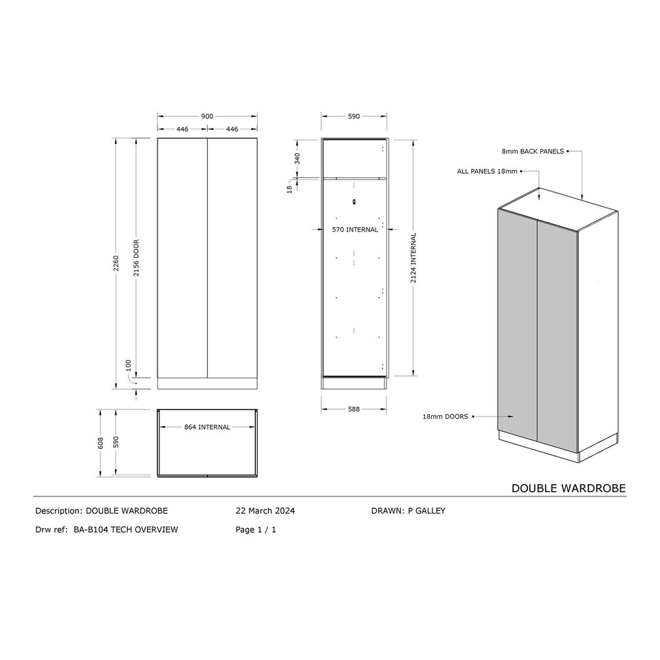 image 1 of Classic Square Panel White Double Wardrobe with Shelves White