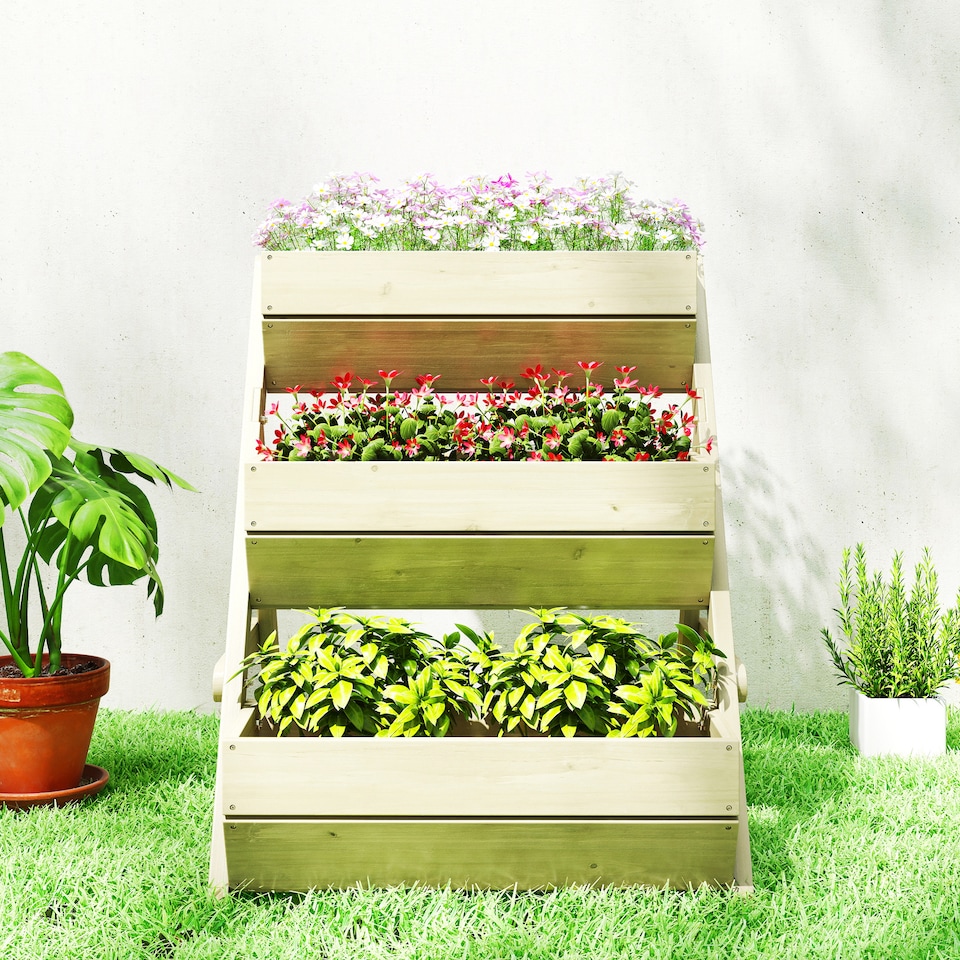 image 1 of Outsunny 3 Tier Raised Garden Bed Wooden Elevated Planter Box Kit, Green | Green | Green