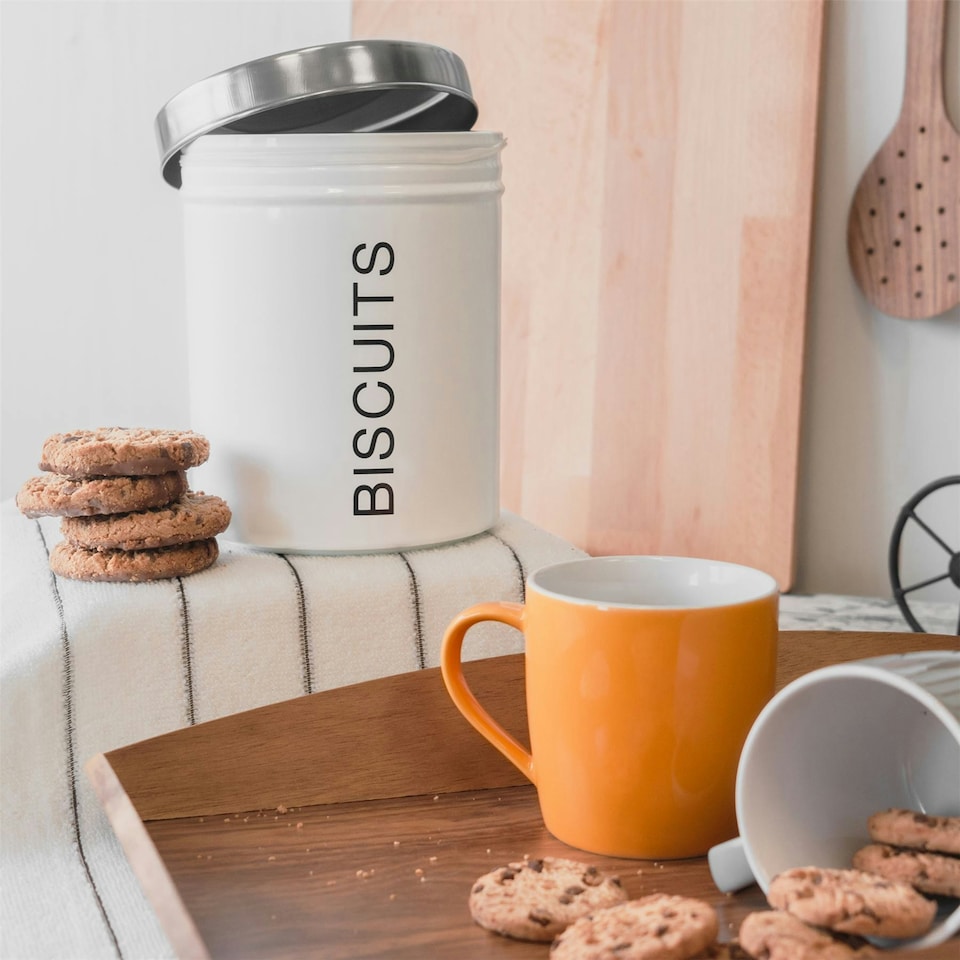 image 1 of Harbour Housewares White Round Metal Kitchen Biscuit Tin Kitchen Caddy Kitchen Storage Containers Bin Canister