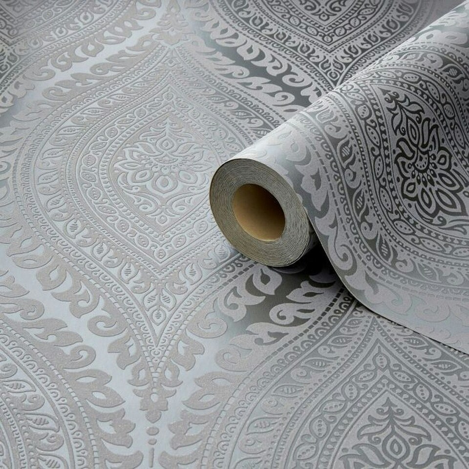 image 1 of GrandDeco Kismet Glitter Damask Textured Wallpaper - Silver - One Size Silver