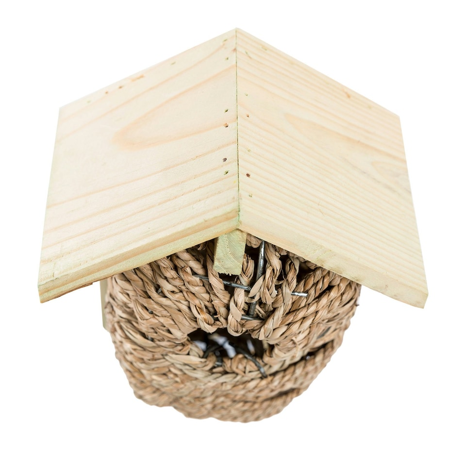 image 1 of Homescapes Wooden Bird Box with Seagrass Birdnest Multi