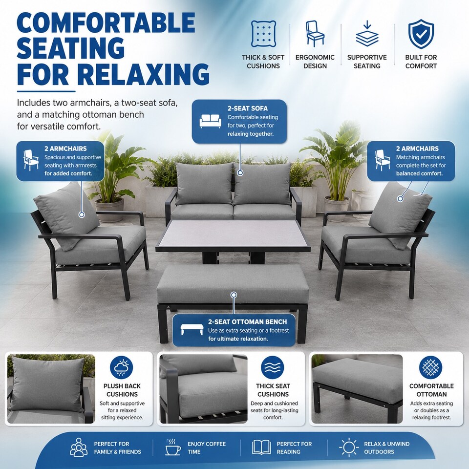 image 1 of 4 Seater 5 Piece Aluminium Garden Sofa Dining Set with Gas Lift Table, Ottoman Bench & Grey Cushions