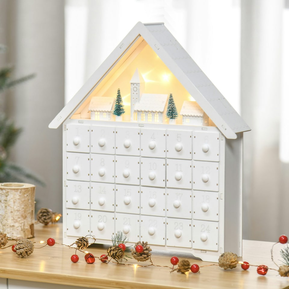 image 1 of HOMCOM 24-Drawer Wooden Christmas Advent Calendar, Wooden Light-Up Decoration