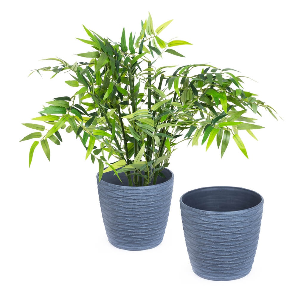 Plastic Plant Pot with Wave Design 18cm Grey - Set of 2