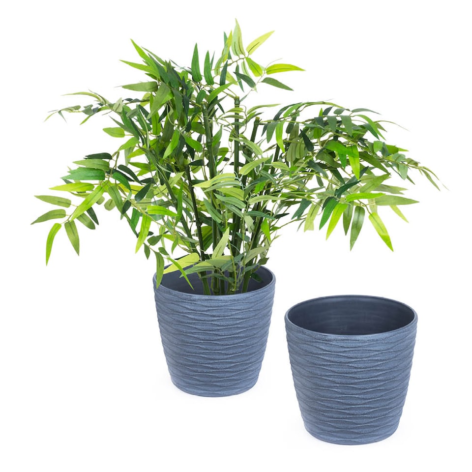 image 1 of Plastic Plant Pot with Wave Design 18cm Grey - Set of 2