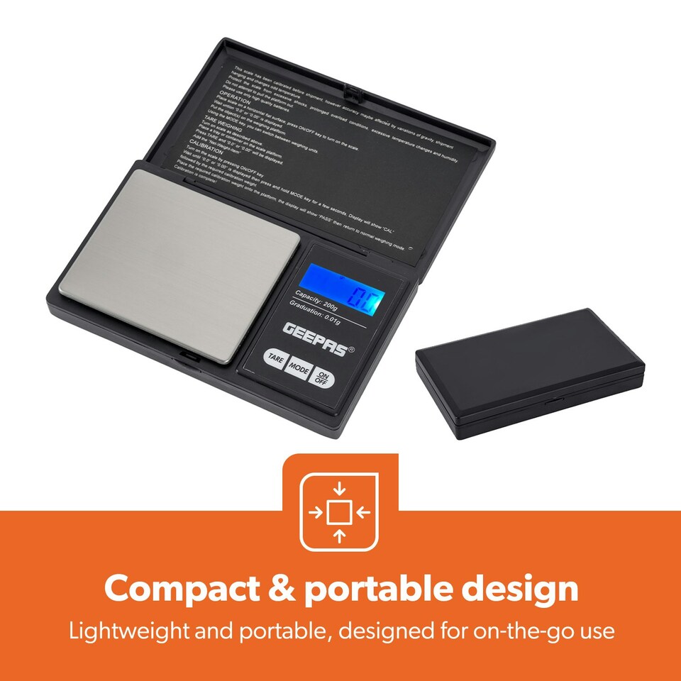 image 1 of GEEPAS Portable Digital Scales, 200x0.01 g - Black