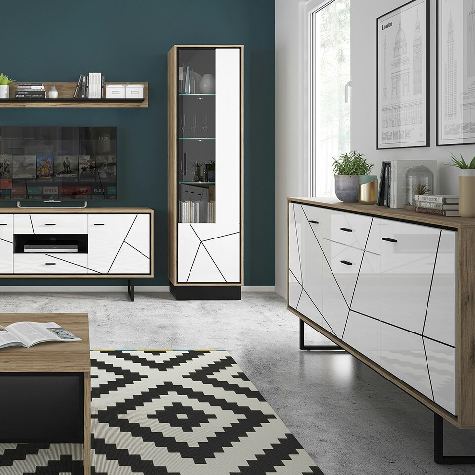 image 1 of Brolo Tall Glazed Display Cabinet (RH) With the Walnut and Dark Panel Finish