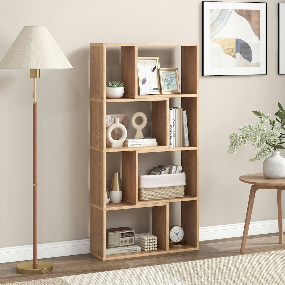 image 1 of COSTWAY 5-Tier Geometric Bookshelf Bookcase Organizer Natural Brown