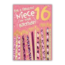 Words 'n' Wishes 16th Birthday Card for Niece, Patterned & Foiled Letters With Candles, Multicoloured, 23.5 x 16.5 cms