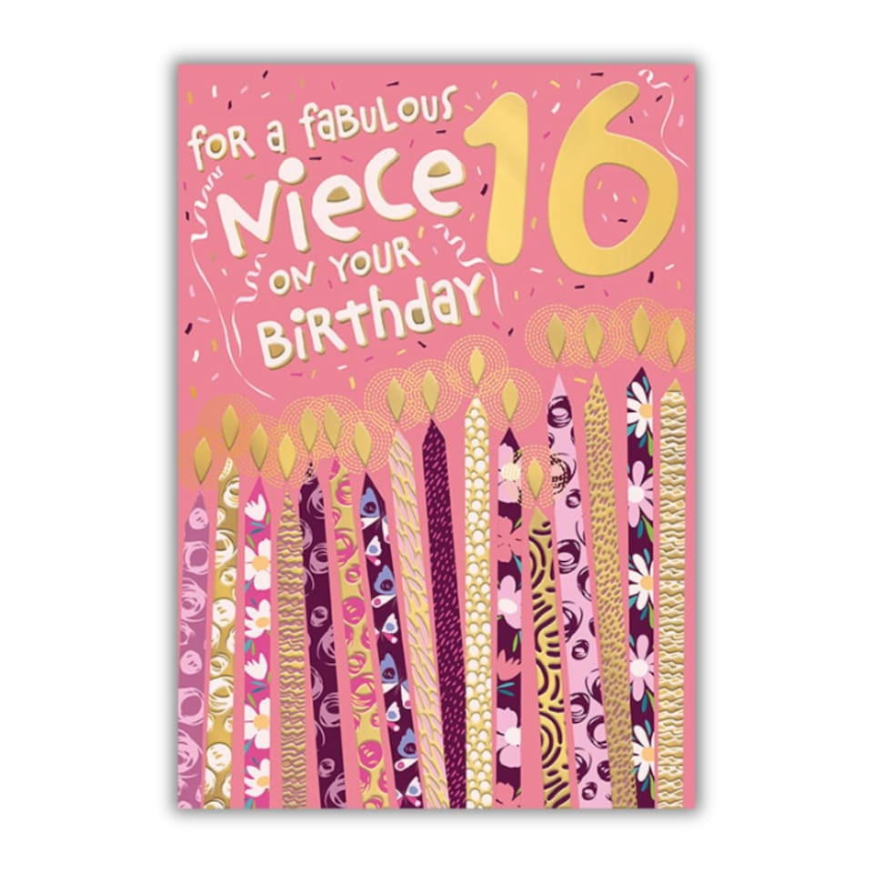 image 1 of Words 'n' Wishes 16th Birthday Card for Niece, Patterned & Foiled Letters With Candles, Multicoloured, 23.5 x 16.5 cms
