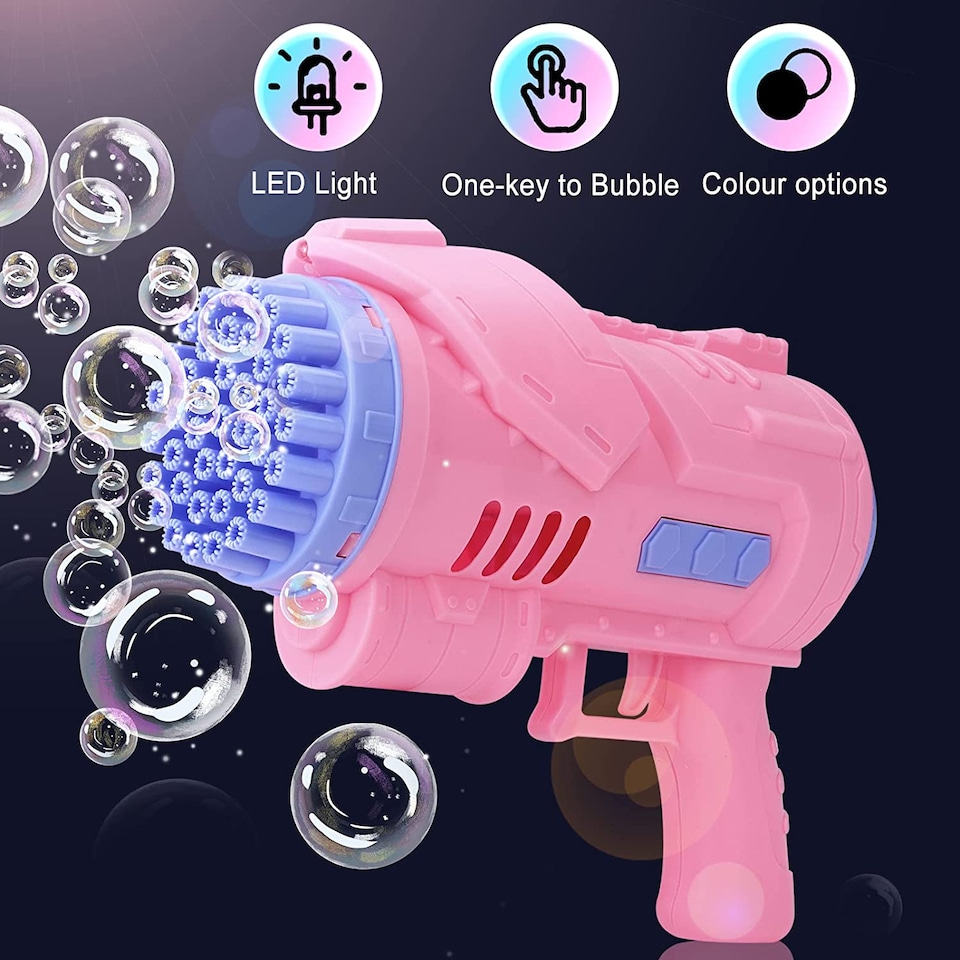 image 1 of 40-Hole Bubble Gun - Automatic Bubble Machine for Kids - LED Light-Up Bubble Blower with Bubble Solution - Outdoor Indoor Toy - Pink