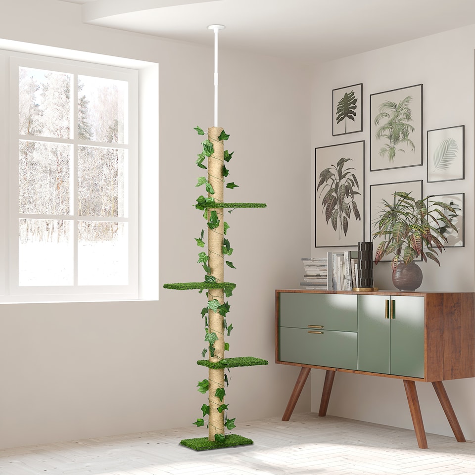image 1 of PawHut 242cm Floor to Ceiling Cat Tree with Leaves Scratching Post, Green