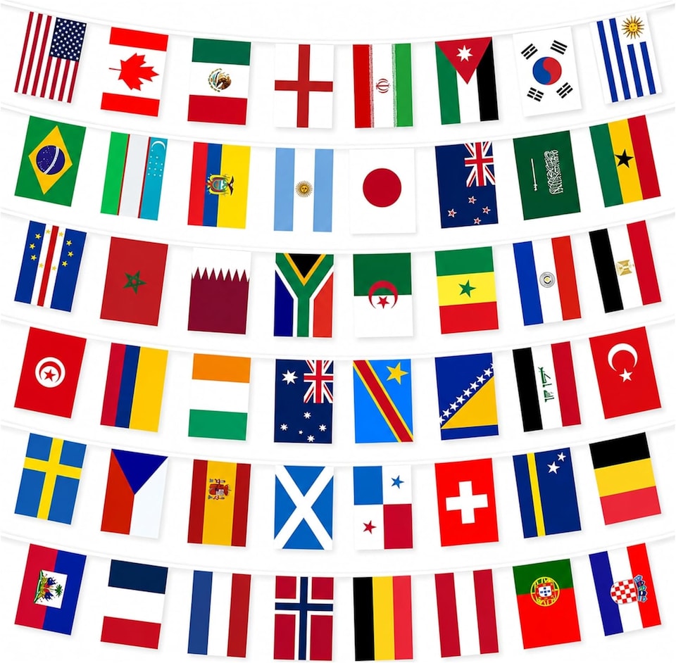 image 1 of 48 Flags Bunting 12m/39ft for World Cup Football Qualified Countries Double Sided Polyester Banner Sport Party Decorations