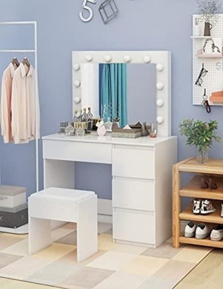 image 1 of White Dressing Table Hollywood LED Mirror Makeup Desk Vanity Table Bedroom Furniture | White