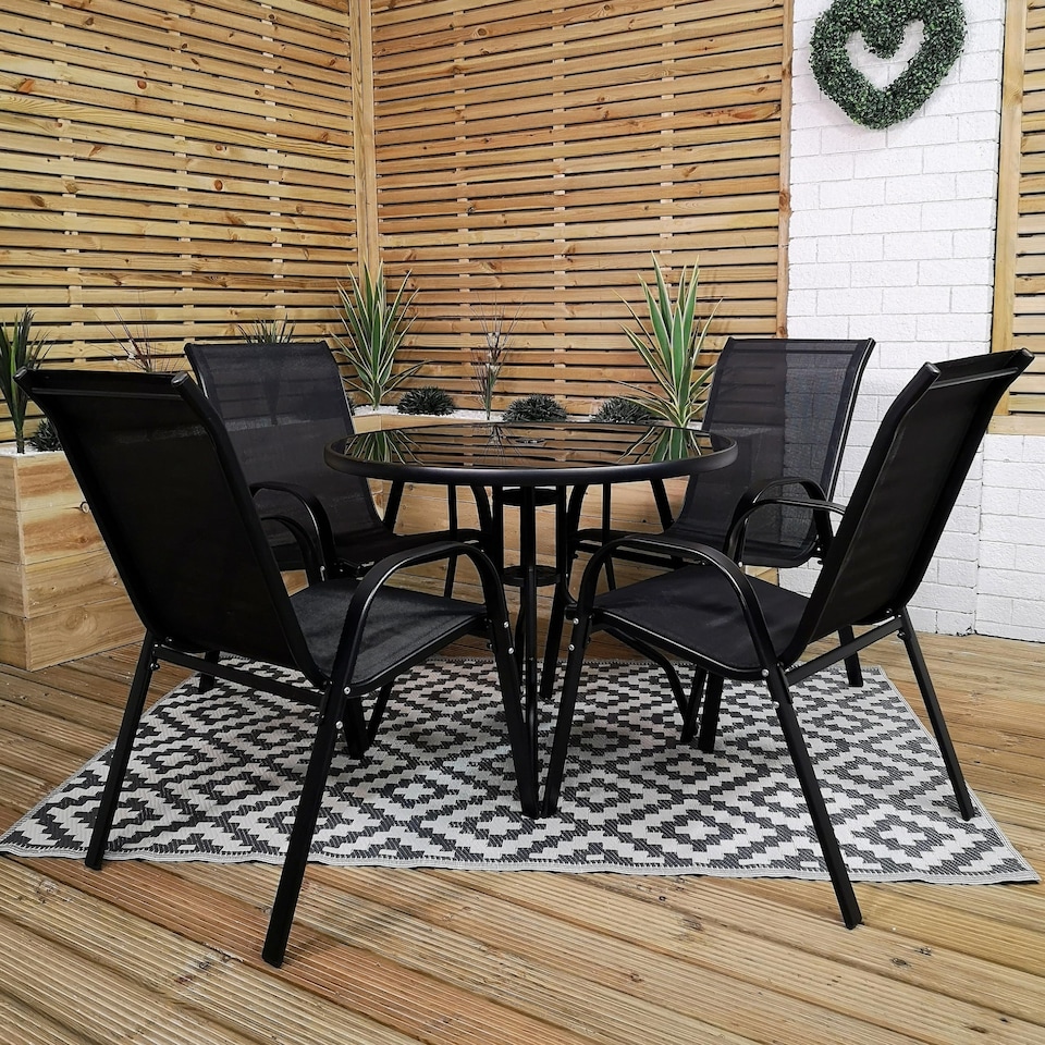 image 1 of Outdoor 4 Person Round Glass Top Garden Patio Dining Table Chairs Set