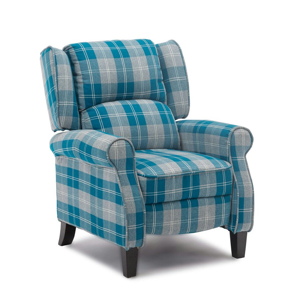 image 1 of Eaton Wing Back Fireside Checkered Fabric Pushback Recliner Chair (Blue)