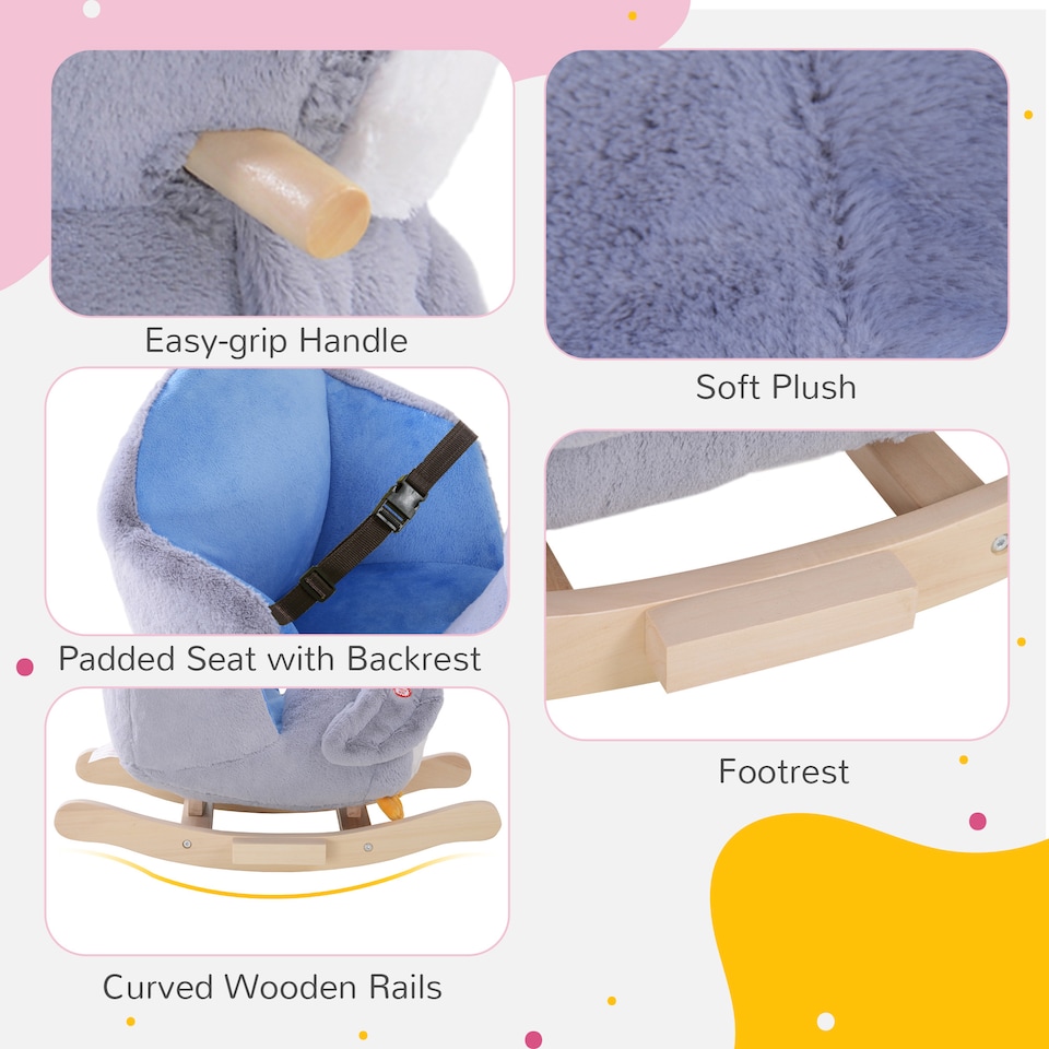 image 1 of HOMCOM Children Kids Animal Rocking Horse Penguin Plush Musical Button 32 Songs Kid Rocker for 18 Plus Months