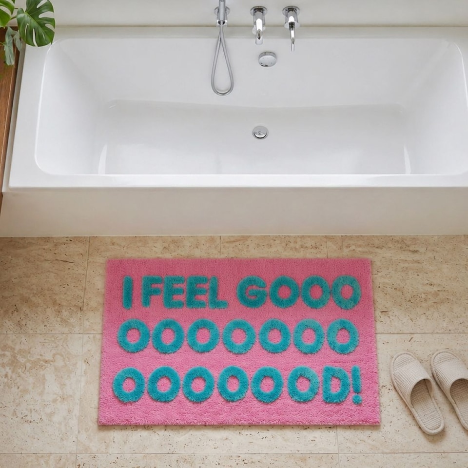 image 1 of I Feel Good Slogan Bath Mat Non Slip, Colourful Tufted Rug | Pink | Pink/Turquoise | 50 x 80cm (20 x 32") | 1
