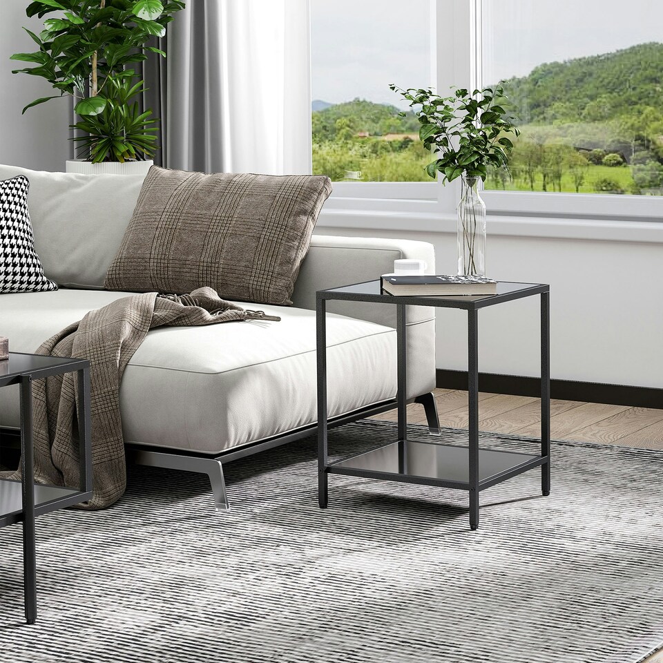 image 1 of HOMCOM Side Table with Tempered Glass Top, End Table with 2-Tier Storage, Black Black