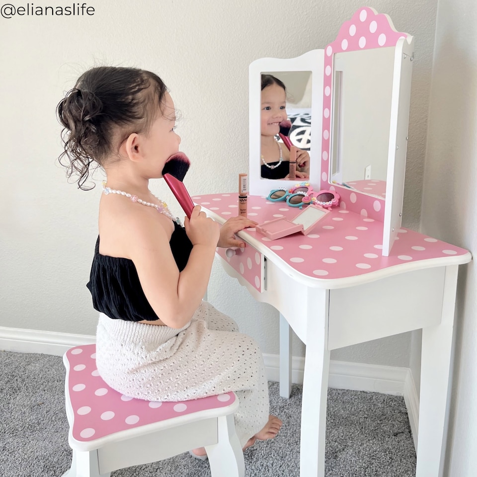 image 1 of Teamson Kids Play Vanity with Stool, Gold & White Polka Dots, Gisele