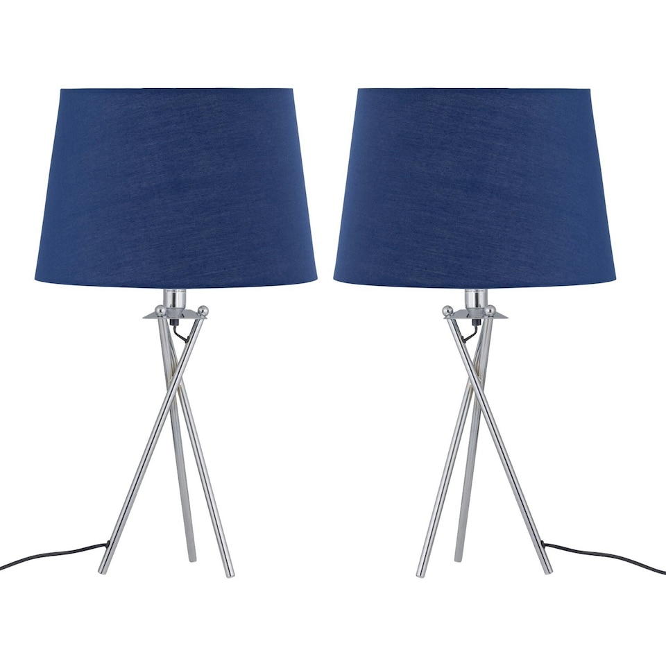image 1 of First Choice Lighting Set of 2 Tripod Table Lamps with Navy Cotton Fabric Shades Chrome | Blue
