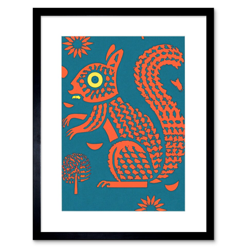 image 1 of Squirrel Colour Block Modern Folk Art Fun 9x7" Black Framed Wall Art Print