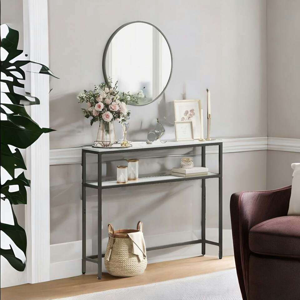 image 1 of Industrial Slim Console Table With 2 Shelves Marble Effect White White