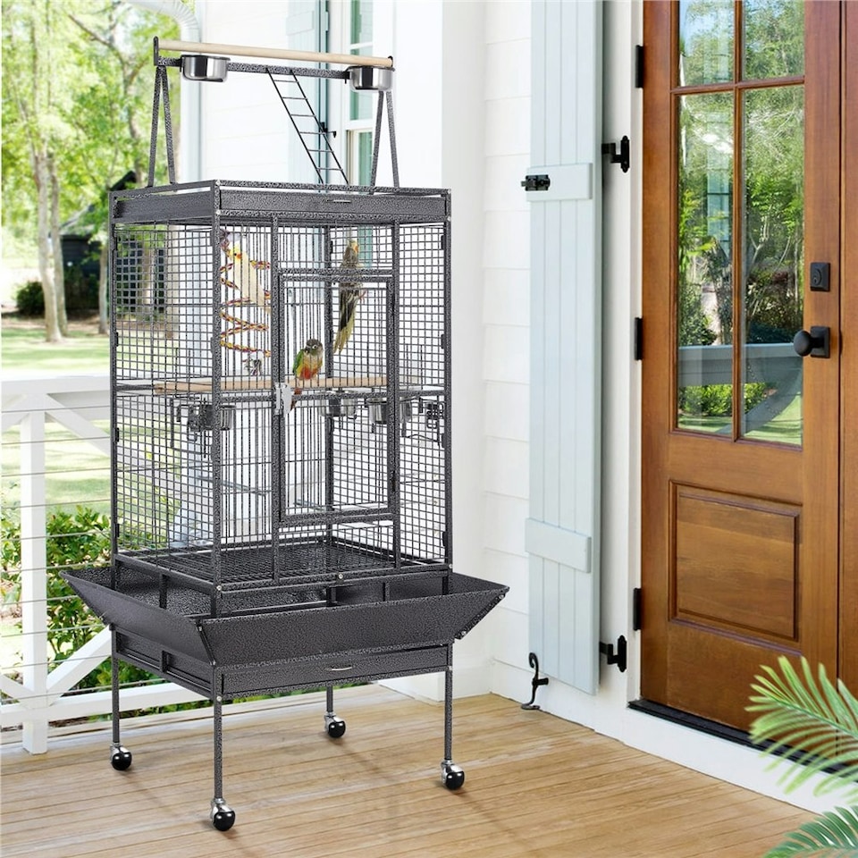 image 1 of Yaheetech 174 cm Tall Play Top Parrot Cage Metal Rolling Bird Cage Black