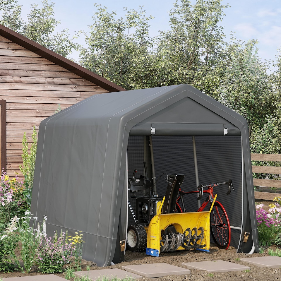 image 1 of Outsunny 9 x 7.5 ft Outdoor Garden Storage Shed, Waterproof Bike Tent with Double Rollup Zipper Door, Metal Frame, Portable Shed Shelter Carport for Motorcycle Garden Tools Dark Grey