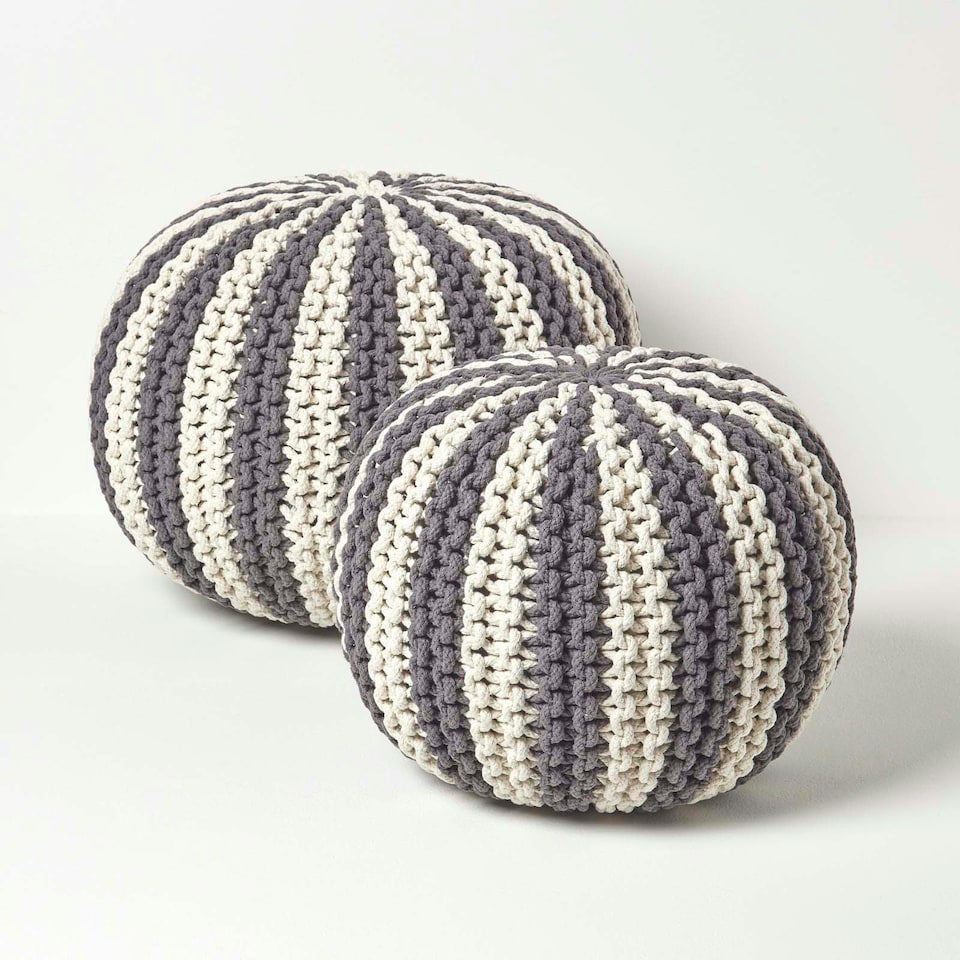 image 1 of Homescapes Off White and Grey Knitted Pouffe Striped Footstool - 35 x 40 cm
