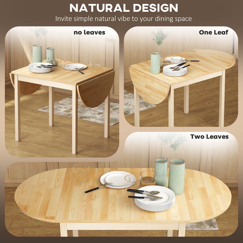 image 1 of HOMCOM Foldable Dining Table, Solid Wood Drop Leaf Table, Natural