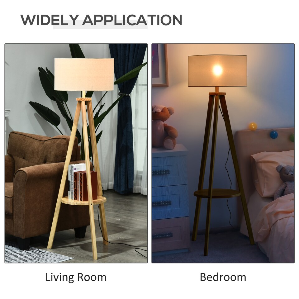 image 1 of HOMCOM Tripod Floor Lamp, Freestanding Bedside Light Reading Light with Storage Shelf and Linen Shade for Living Room Bedroom, 154cm, Cream