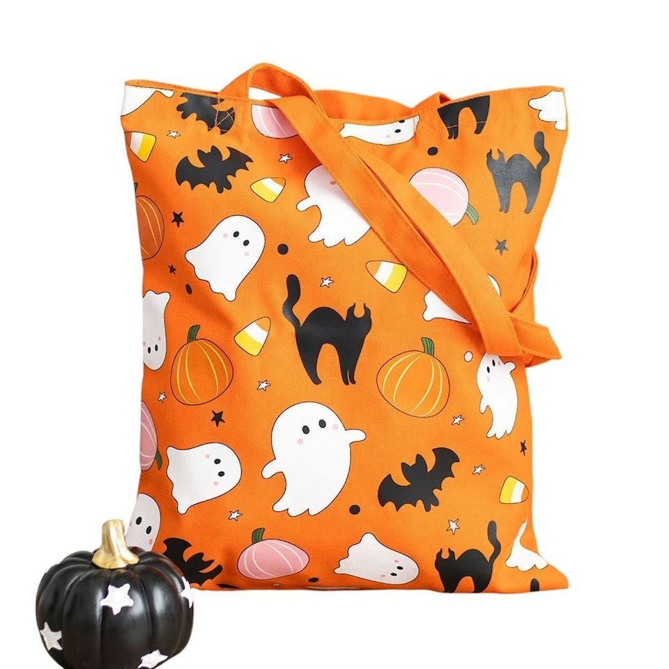 image 1 of Sweet and Spooky Ghost Print Polycotton Tote Bag Orange