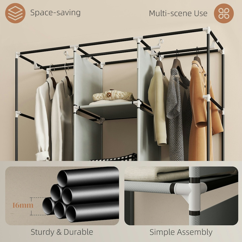 image 1 of HOMCOM Portable Wardrobe w/ 5 Shelves 3 Fabric Drawers and 2 Hanging Rails | Grey | 125W x 43D x 162.5H cm