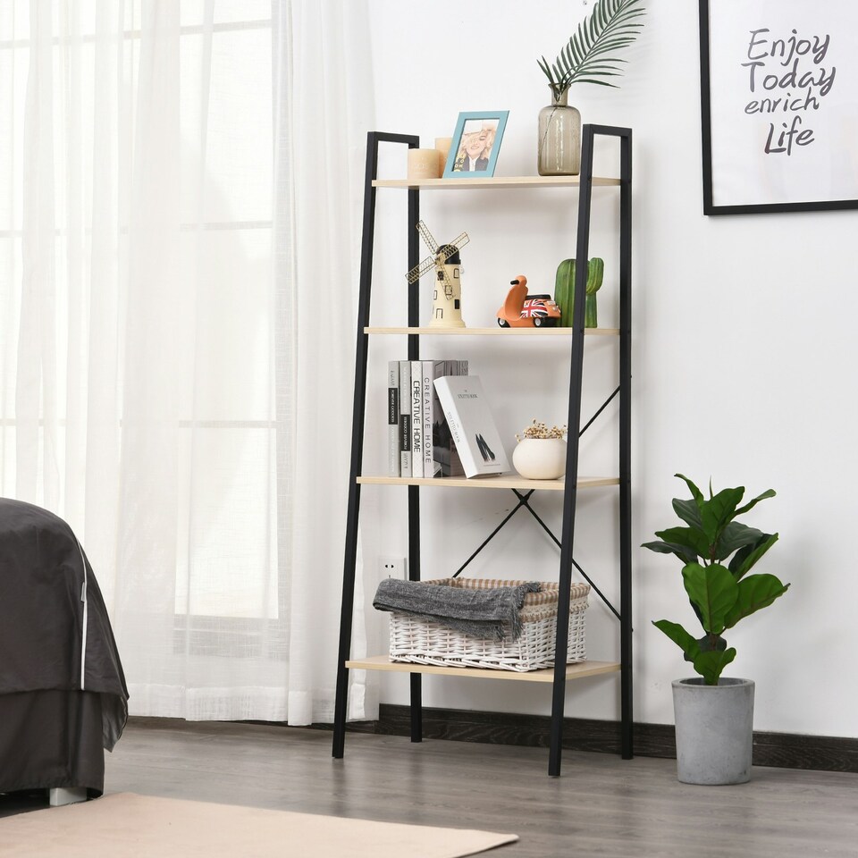 image 1 of HOMCOM 4-Tier Minimalistic Ladder Shelf Unit Steel Frame Display Storage Oak