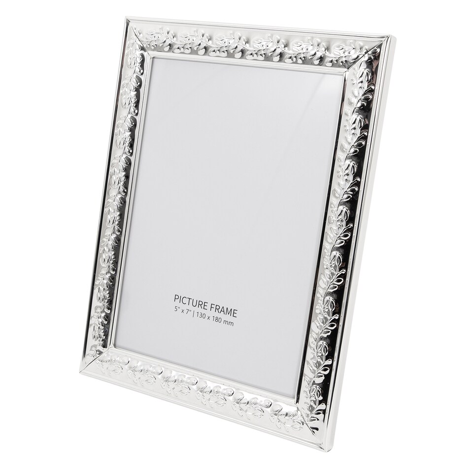 image 1 of Classic Rectangular Silver Plated Metal 5 x 7 Picture Frame with Floral Border | Silver | 5" x 7"