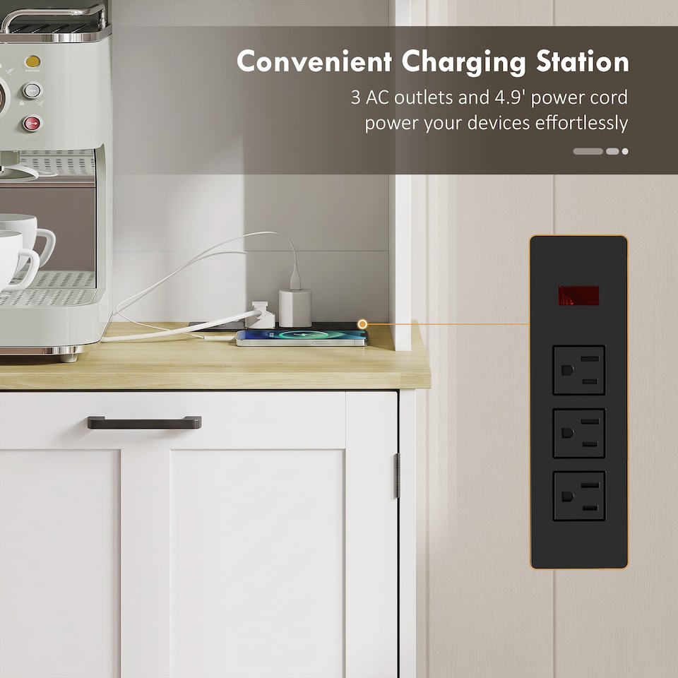 image 1 of HOMCOM 175cm Tall Kitchen Cabinet with Charging Station, Rubbish Bin, White