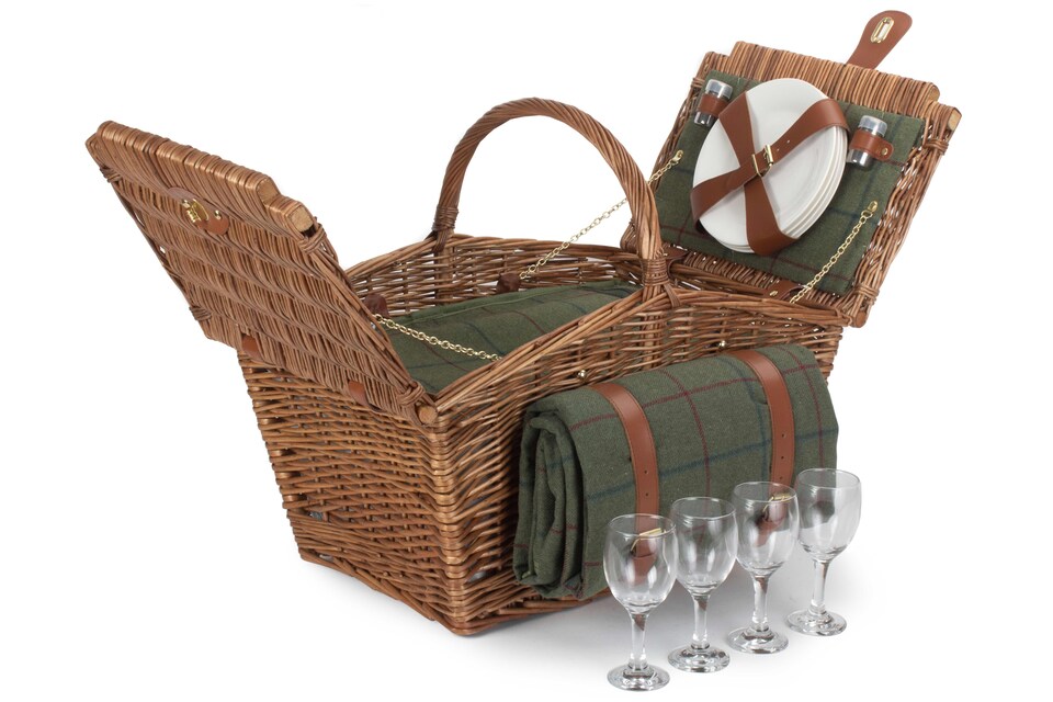 image 1 of Elegant 4 Person Green Tweed Fitted Picnic Basket