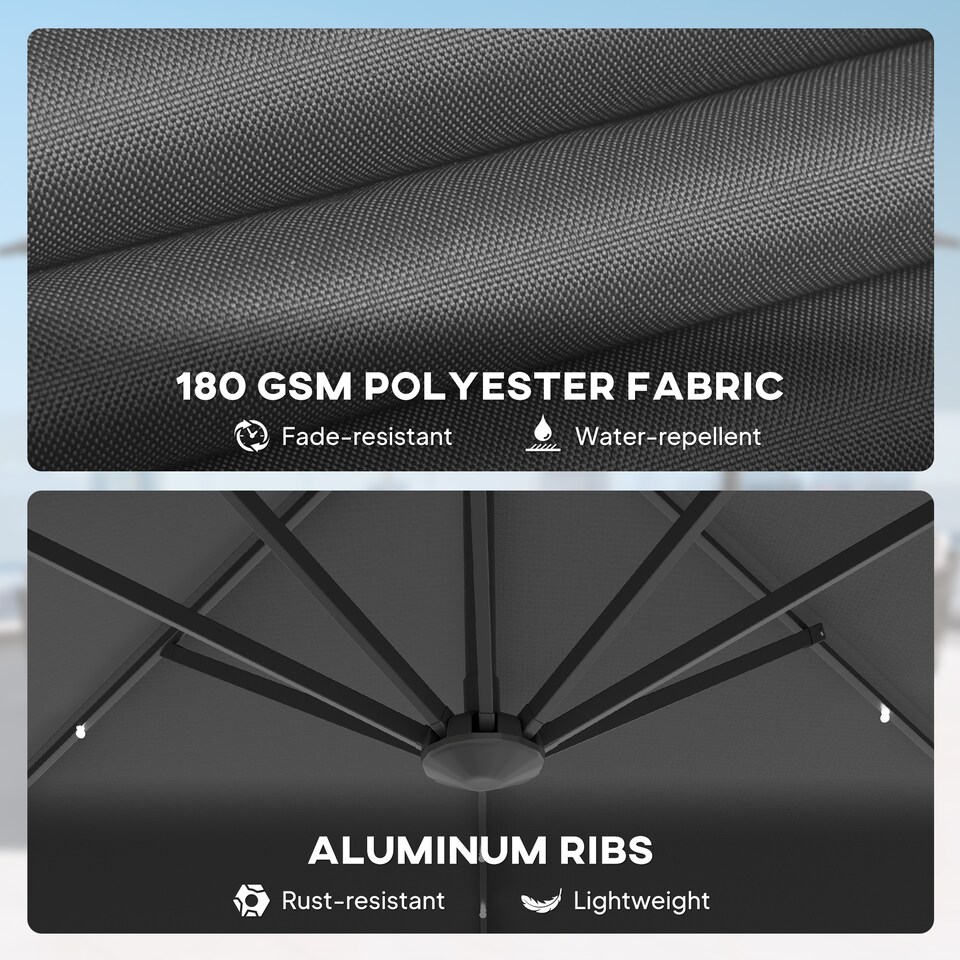 image 1 of Outsunny 3m Cantilever Roma Parasol Patio Sun Umbrella with Crank Tilt LED Solar Light Cross Base 360 Rotating Outdoor, Dark Grey