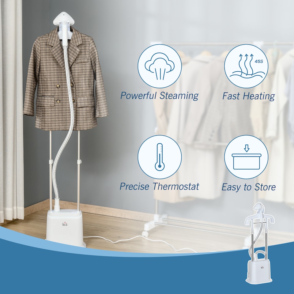 image 1 of HOMCOM Upright Garment Clothes Steamer with 6 Steam Setting, 45s Fast Heat-up, 1.7L Water Tank and 35gmin steam flow, Wrinkle and Odour Remover Suitable for all Fabrics, 1960W, White