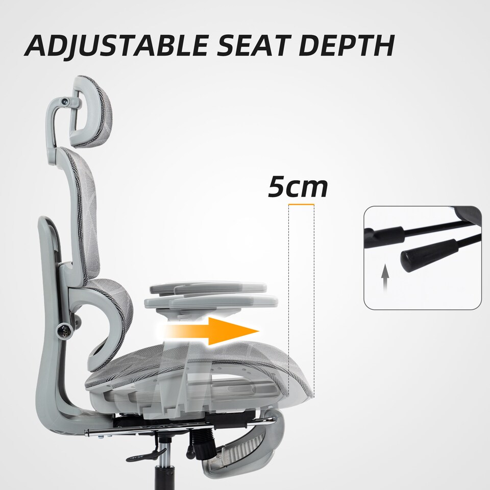 image 1 of HOMCOM Ergonomic Office Chair, Mesh High Back Computer Desk Chair with 3 Level Adjustable Back, Adjustable Lumbar Support, Swivel Recliner with 3D Armrest, Headrest, Footrest, Grey | Grey
